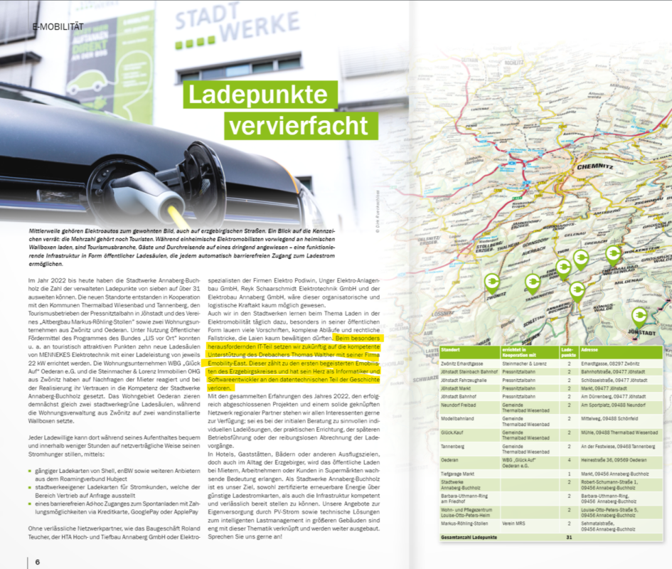 Ausschnitt Kundenmagazin der Stadtwerke Annaberg - Buchholz beschreibt die Zusammenarbeit mit Emobility - East